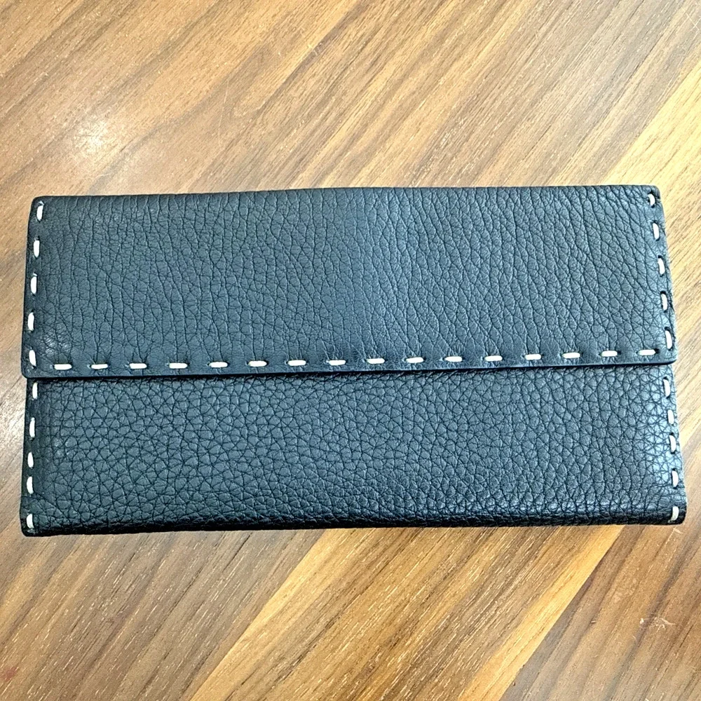 Fendi Selleria Leather Long Wallet - Black With Tan Thread - Great Condition! ￼